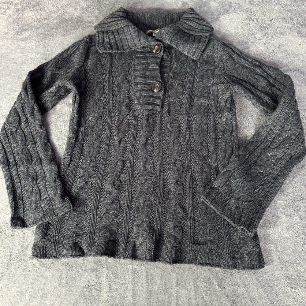 Eddie Bauer Merino Wool Sweater‎ Cable Knit Shawl Collar Womens M Gray Pullover
